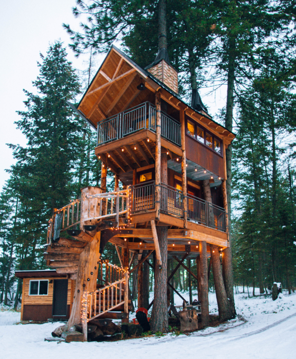 image of treehouse with electric lighting